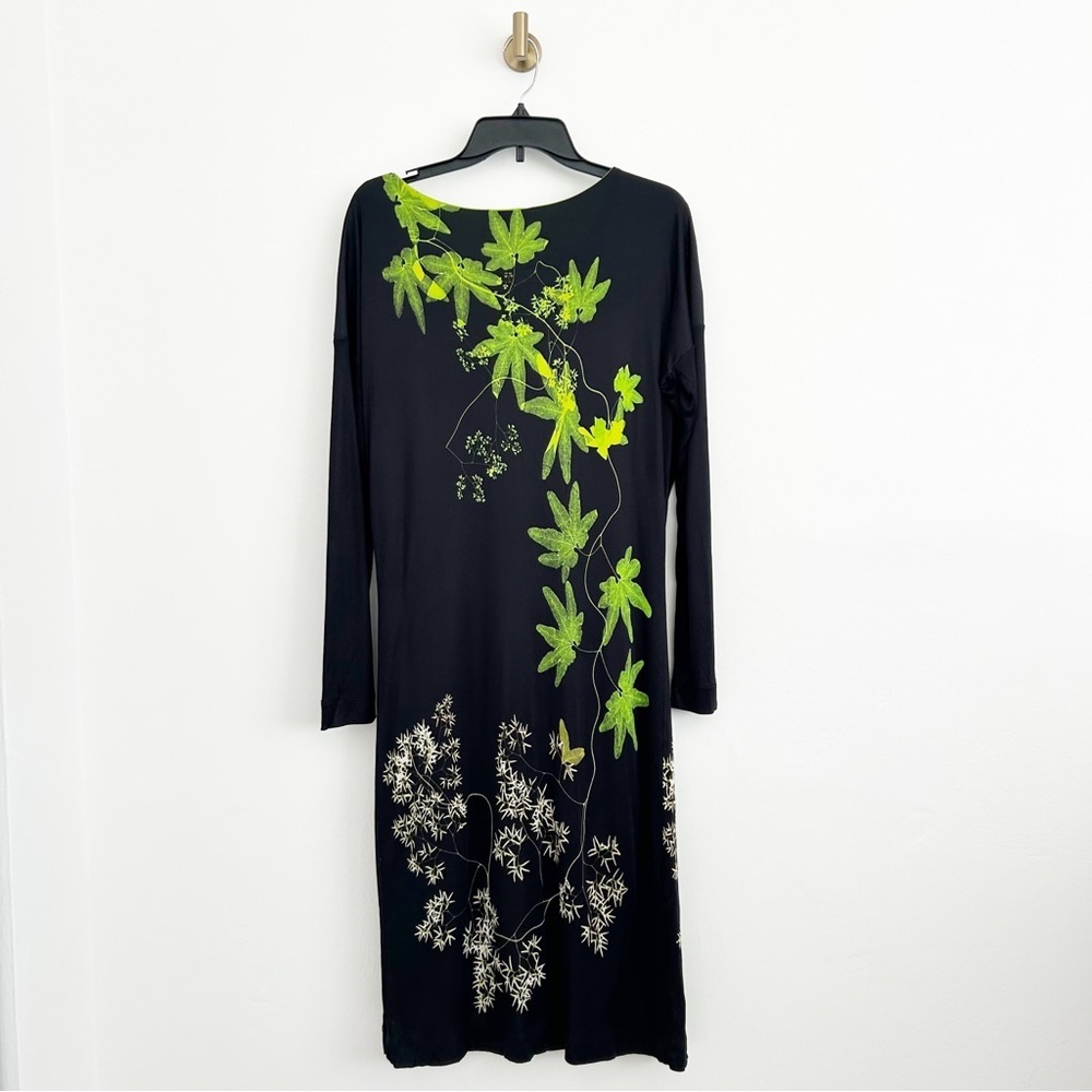 Fuzzi Black Green Floral Print Knee Length Jersey Viscose/Rayon Dress Size XL - Picture 10 of 12